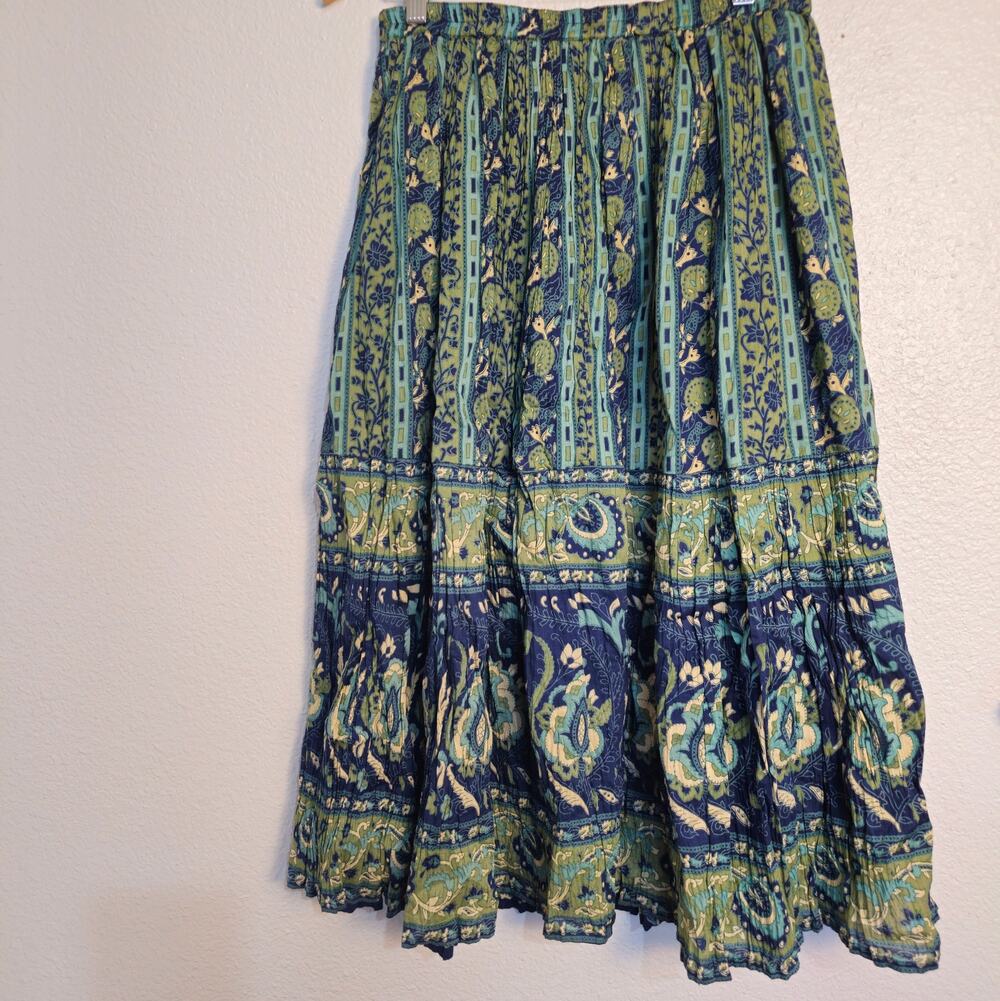 Krazy Kat Boho green blue multi print  vintage boho gypsy midi  skirt L